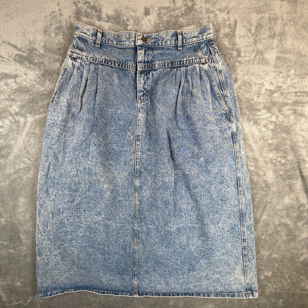 Vtg 80s Acid Wash Denim Midi Skirt Pleated Drop Waist USA Made Womens Size 18